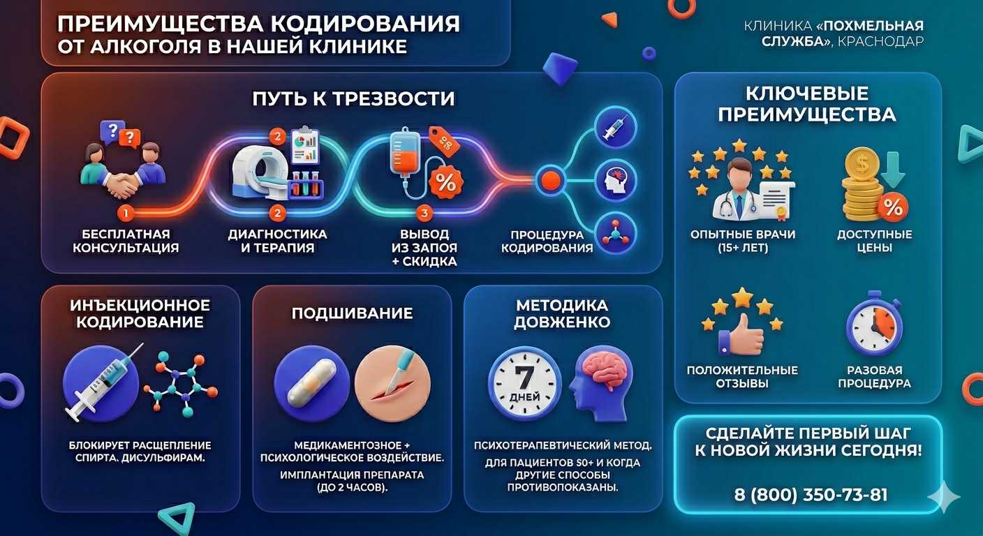 Инфографика о методах кодирования от алкоголя в Нефтекумске: инъекции, подшивание, метод Довженко. Преимущества клиники и этапы лечения.