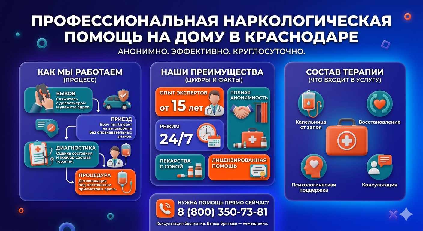 Инфографика о принципах лечения алкоголизма на дому в Нефтекумске: этапы вызова нарколога, преимущества анонимной детоксикации и состав медицинской помощи.